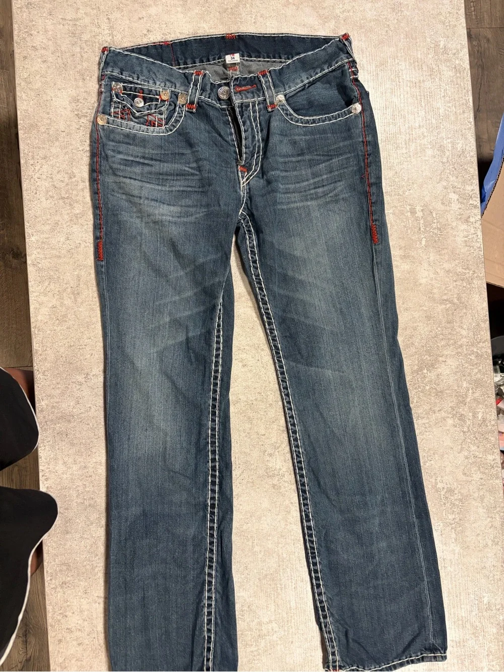 True Religion Men’s Medium Blue Straight Leg Jeans with Red Stitching